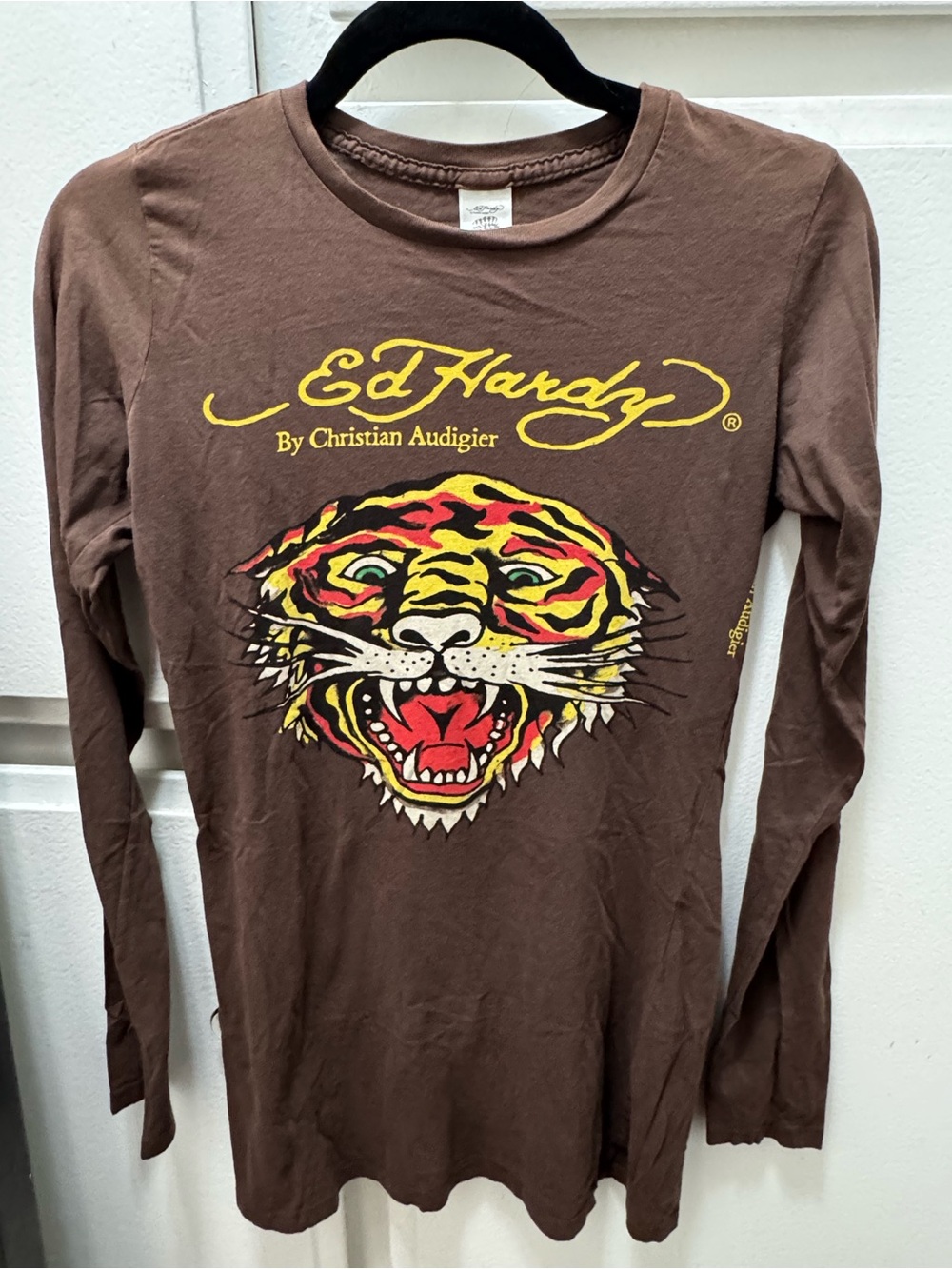Ed Hardy Brown Long Sleeve Tiger Logo Dress with Yellow & Red Accents